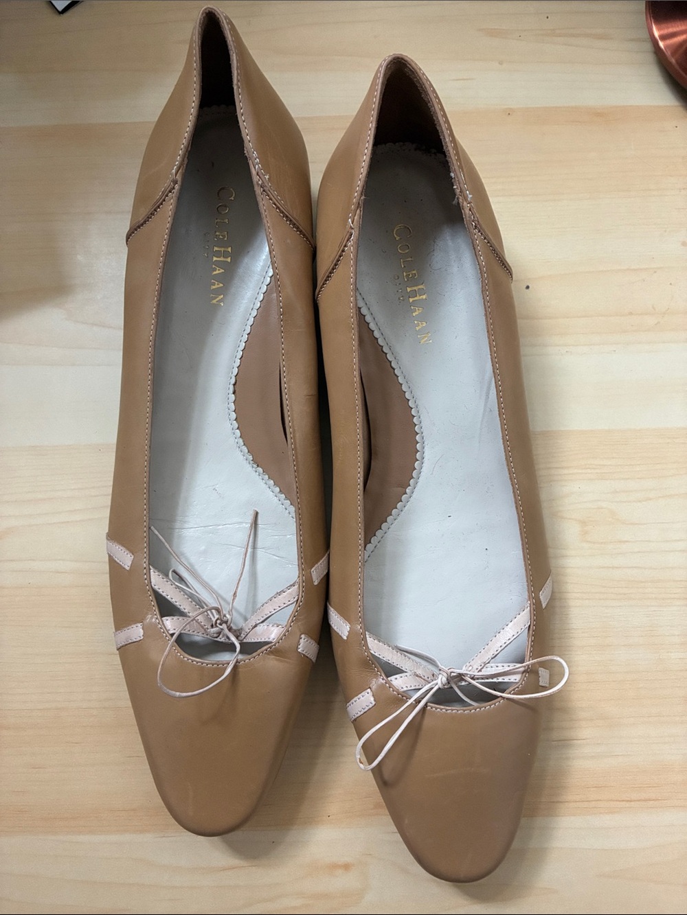 Cole Haan Tan Leather Ballet Flats with Pale Pink Trim